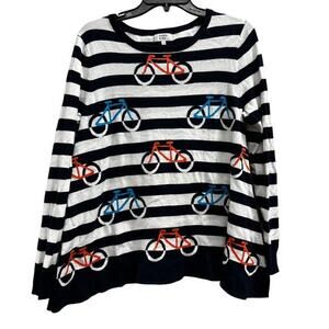 CROWN & IVY Blue Stripe quirky whimsy bicycle bike coastal nautical sweater sz S